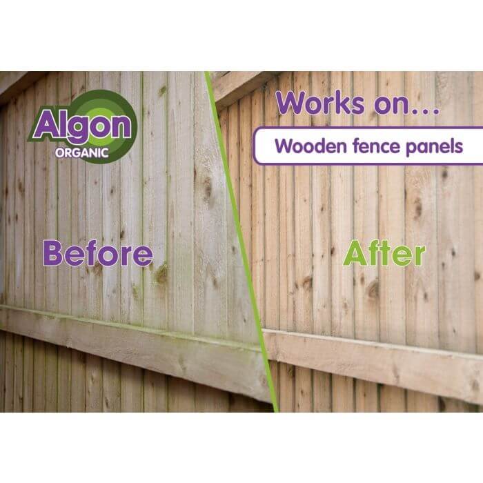 Before and after image of wooden fence panels cleaned with Algon Path and Patio Cleaner 20 Litres.