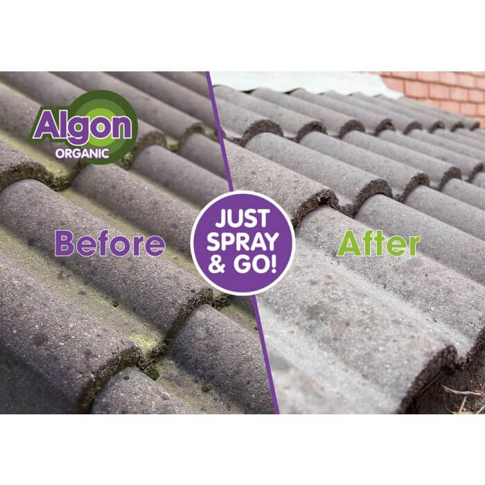 Before and after comparison showing roof cleaning with Algon Path and Patio Cleaner 20 Litres, highlighting its effectiveness.
