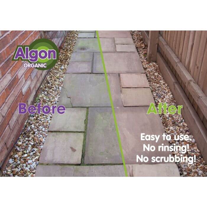 Algon Path and Patio Cleaner 20 Litres before and after image showing cleaner results on patio slabs.