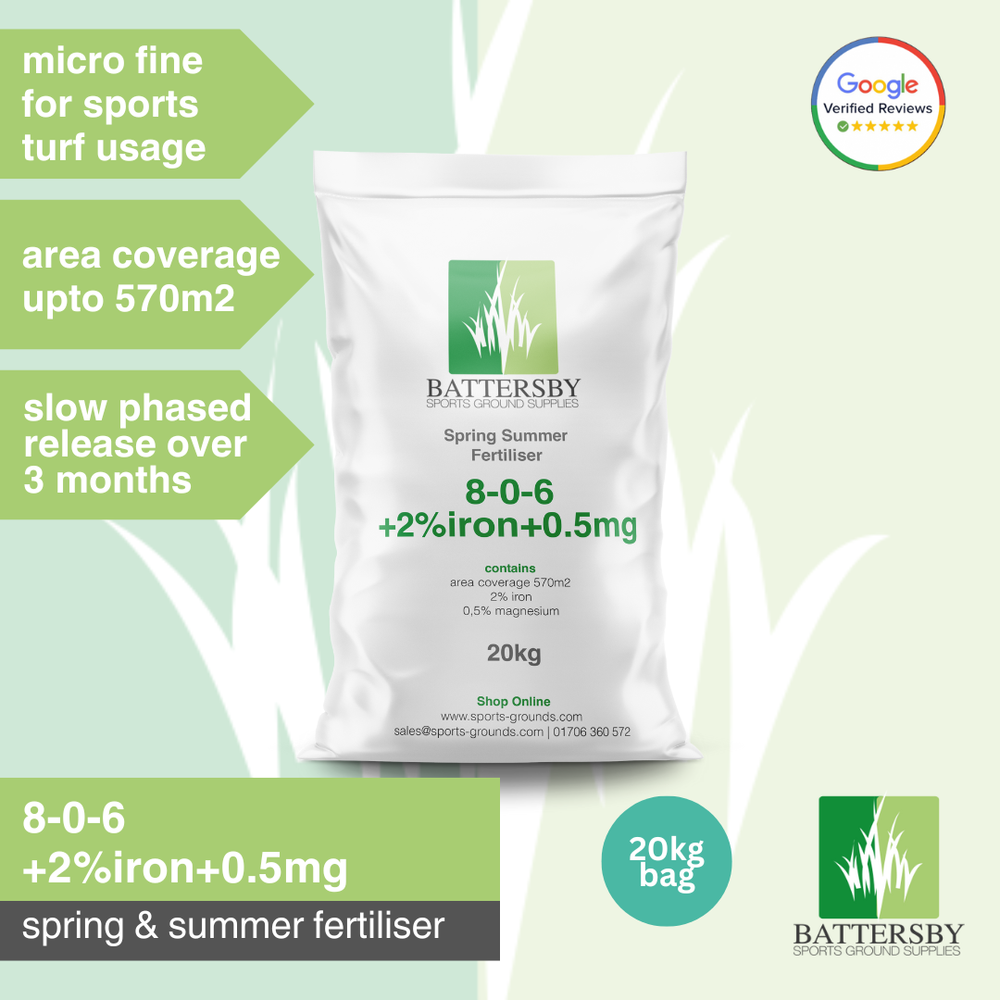 Battersby Spring & Summer Fertiliser: 8-0-6+2%Fe+1.0%Mg - Phased/Slow Release - 20kg